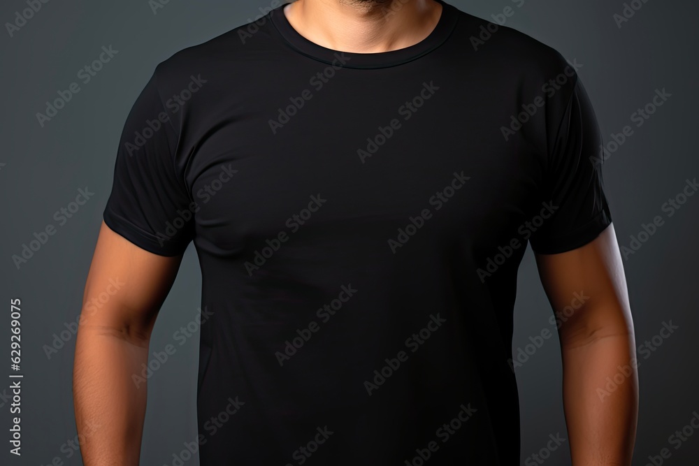 Closeup mockup of adult man wearing blank black t-shirt for apparel advertisement on light grey background. Generative AI Closeup mockup of adult man wearing blank black t-shirt for apparel advertisement on light grey background. Generative AI
