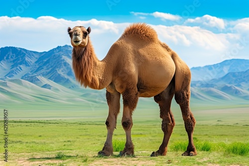Bactrian Camel Walking the Green Steppes of Mongolia in the East. Generative AI