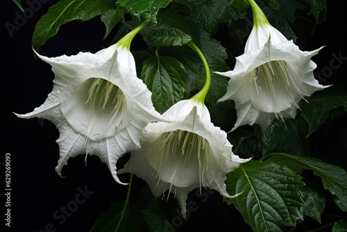 Beautiful White Datura Blossom in the Black Rainforest Canyon - Closeup of Angelic Blooming Flower. Generative AI photo