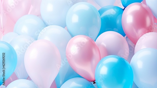 Pastel Pink And Blue Balloons Panoramic Background for Birthday Party Decoration. Generative AI