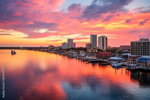 Pensacola Skyline at Sunset: Vibrant Gulf Coast City with Dramatic Clouds and Stunning Architecture. Generative AI © AIGen