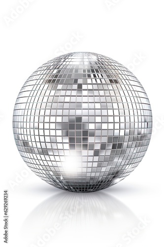Shine on the Dance Floor: Silver Disco Ball Globe for Clubbing and Parties with Flash and Glistering Look on White Background. Generative AI