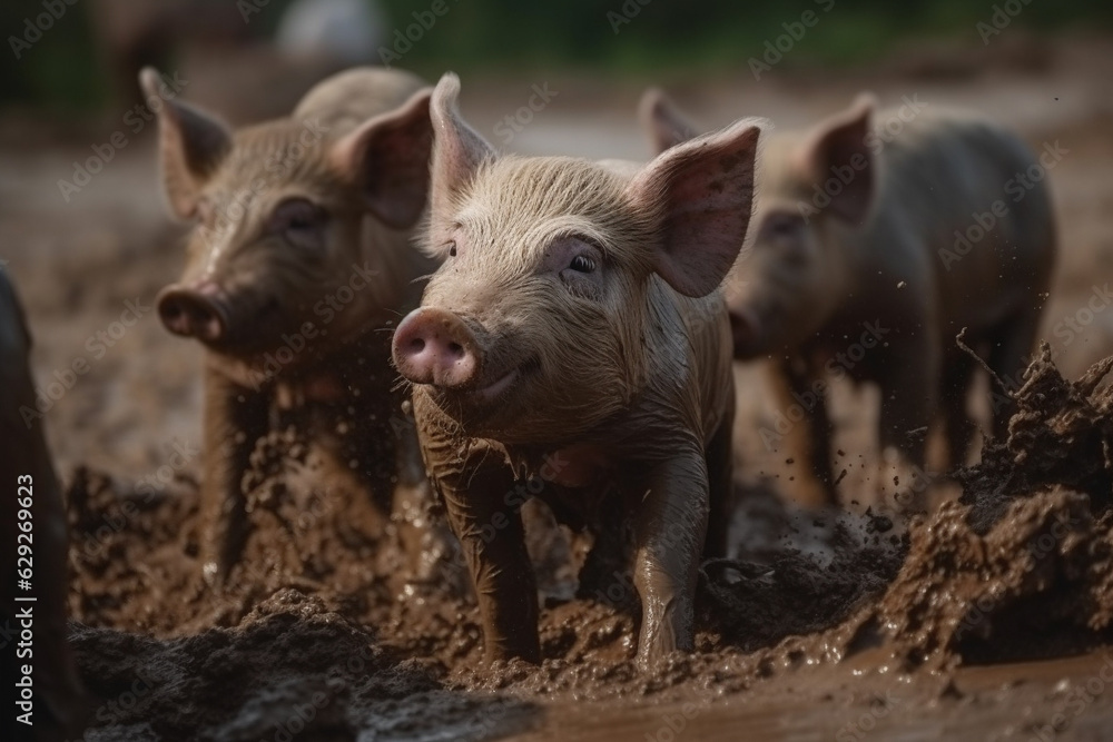 Happy pigs roaming free on farm meadow and mud. Farm animal welfare and care. Generative Ai Happy pigs roaming free on farm meadow and mud. Farm animal welfare and care. Generative Ai
