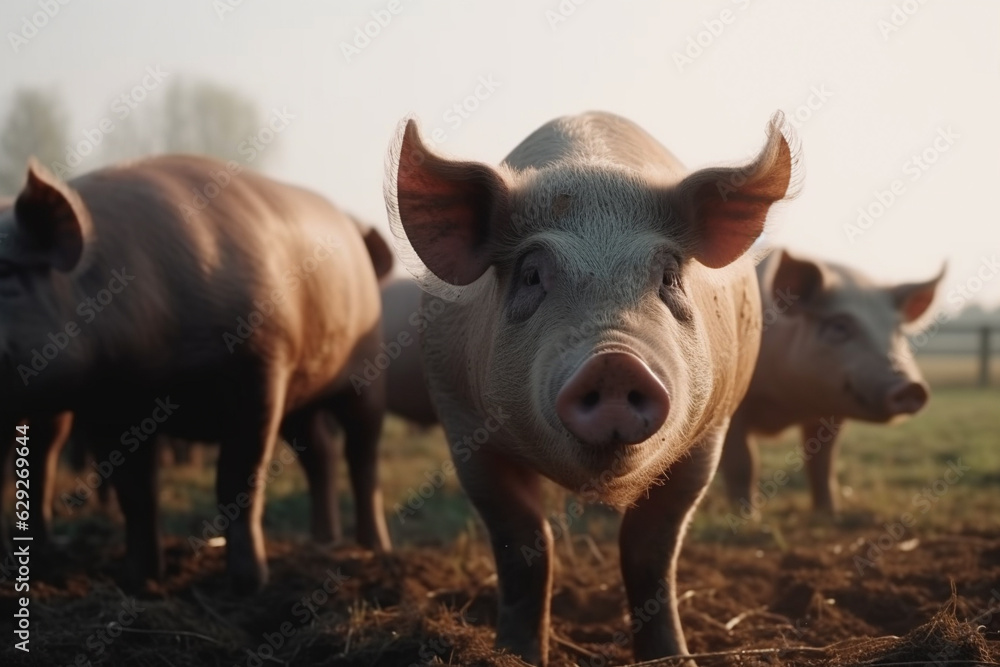 Happy pigs roaming free on farm meadow and mud. Farm animal welfare and care. Generative Ai Happy pigs roaming free on farm meadow and mud. Farm animal welfare and care. Generative Ai