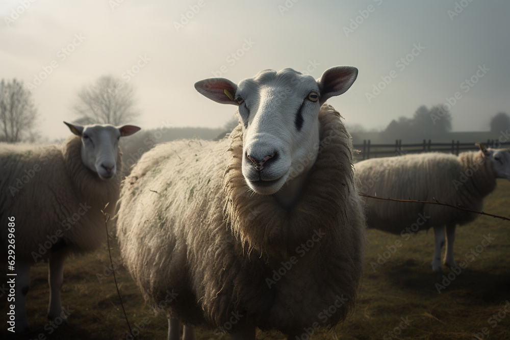 Happy sheep roaming free on farm meadow . Farm animal welfare and care. Generative Ai