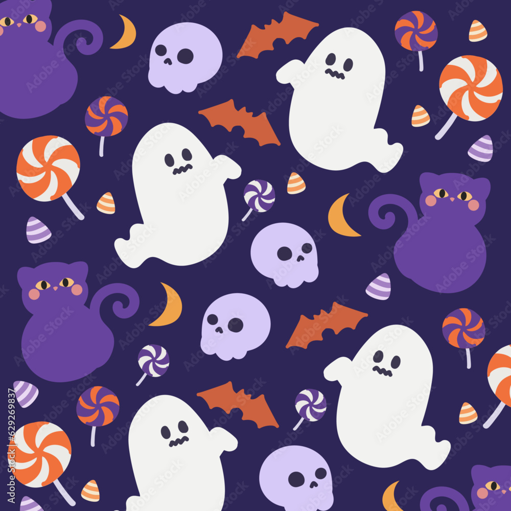 Seamless pattern with cute ghosts in cute cartoon doodle style on a purple background. Vector illustration background for halloween.