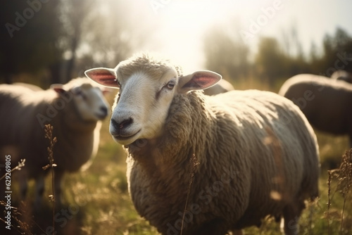 Happy sheep roaming free on farm meadow . Farm animal welfare and care. Generative Ai