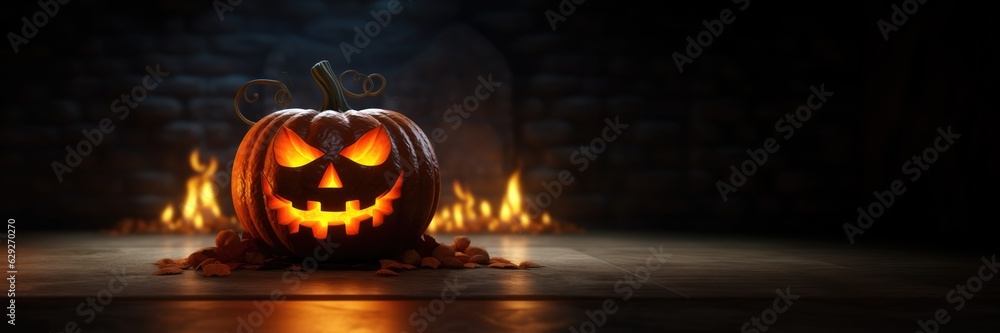Fototapeta premium Halloween background. Spooky pumpkin with dark forest. Halloween design with copy space, generative ai