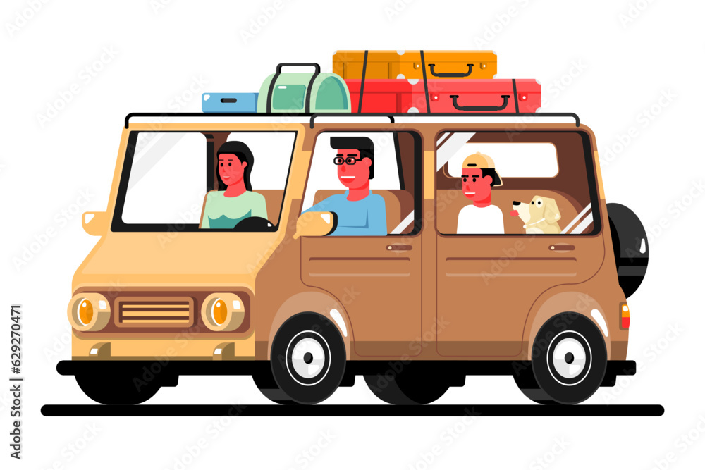 Happy family driving personal car on isolated background, Rest travel vacation concept, Digital marketing illustration.