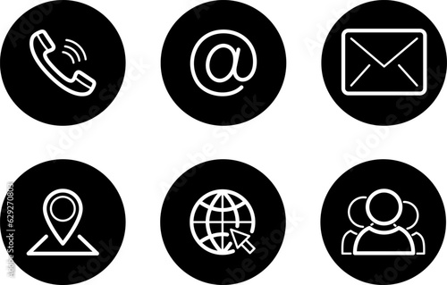 Flat icons of Phone, Addres, Mail, Go to WEB, Pin and Social as symbols for web design