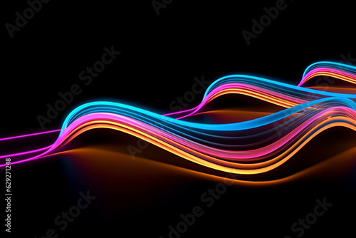 Luminous Neon Waves: Mesmerizing Glowing Patterns on Black Background - Striking Stock Image for Sale