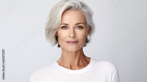 Charming 50s mid-aged woman, isolated on white, gazes at the camera. Close-up portrait of a mature lady with healthy skin, representing beauty, middle-age skincare, and cosmetology.