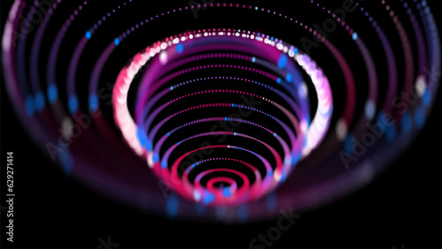Visualization of thermonuclear technologies. Abstract sphere of glowing dots surrounded by rings. Futuristic power plant. Depth of field.