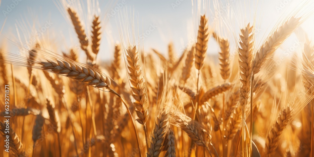 Fototapeta premium Close up of wheat ears, field of wheat in a summer day. Background of ripening ears of wheat field. Rich harvest Concept, generative ai
