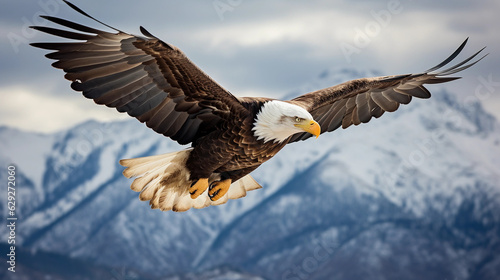 A bald eagle soaring high in the cloudy sky, mountains in the backdrop
