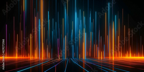 Neon dark stage shows empty room: neon light, spotlights, dark blue, purple, pink background - dance floor for product display in studio, backdrop for photo shooting. Generative AI.