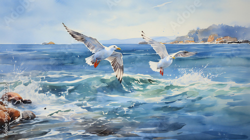 seagulls flying over stormy sea, watercolor style