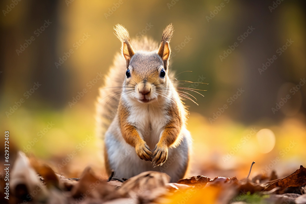 Fototapeta premium squirrel, closeup, autumn background, crisp details