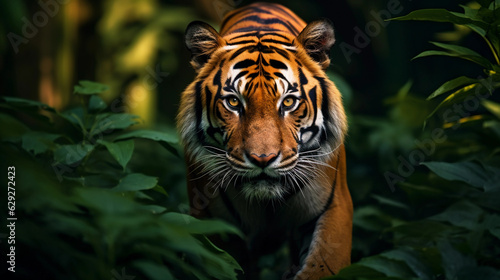 Bengal tiger prowling in a lush jungle  striking orange and black contrast  deep green backdrop