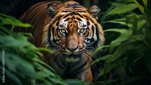 Bengal tiger prowling in a lush jungle, striking orange and black contrast, deep green backdrop © Marco Attano