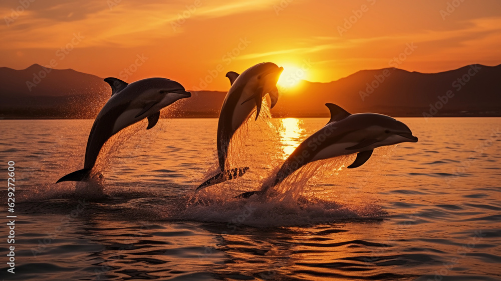 Fototapeta premium Family of playful dolphins jumping out of the ocean at sunset, silhouettes, golden light