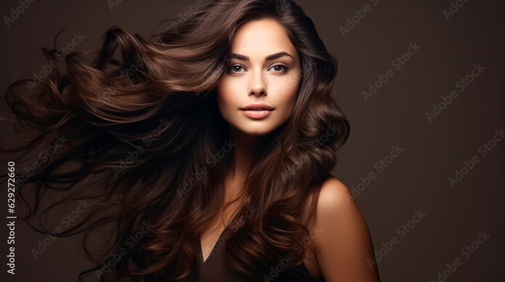 Portrait of a beautiful brunette woman with long wavy hair. Copy space banner