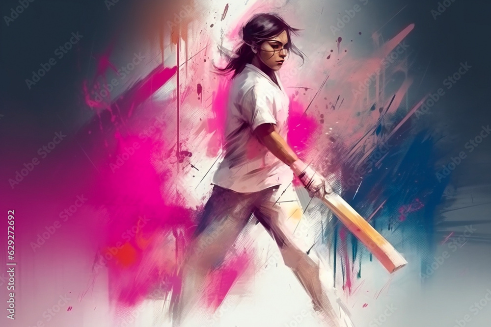 Female Girl Woman Cricket Player Holding a Bat. Playing cricket, batting Watercolour Pastel color.. Empowering Women in Sports and Promoting Cricket. Made by Generative AI.