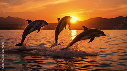 Family of playful dolphins jumping out of the ocean at sunset, silhouettes, golden light