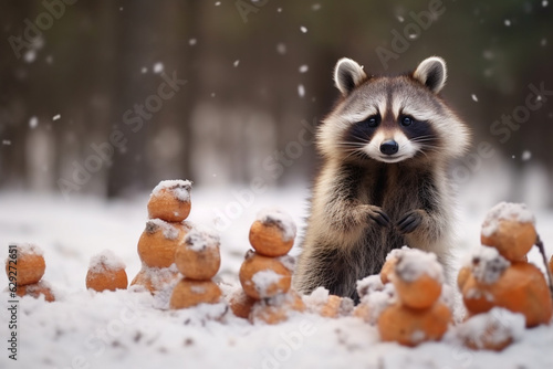 The Playful Raccoon's Winter Snow Fun: Joyful Moments Unleashed AI generated © artefacti