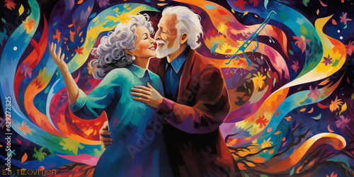 an elderly couple dancing passionately, vibrant colors, flowing lines, in a romantic setting, under the moonlight, surrounded by music notes