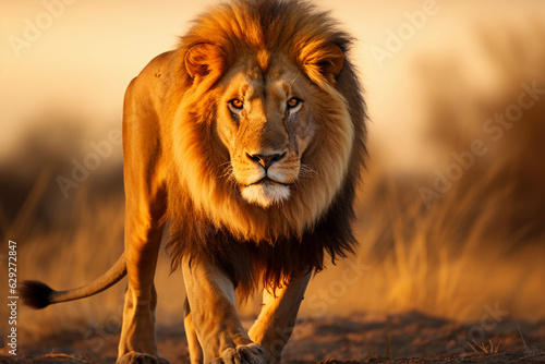 Majestic lion in African savannah, vibrant sunset hues, strong contrast, powerful stance, gaze meeting the camera