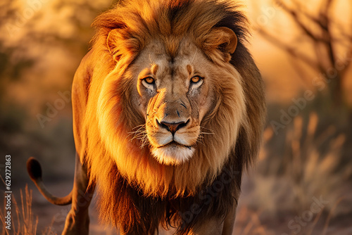 Majestic lion in African savannah  vibrant sunset hues  strong contrast  powerful stance  gaze meeting the camera