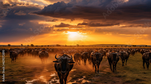 Migrating wildebeest herd across the Serengeti plains, vast landscape, depth of field, atmospheric sky