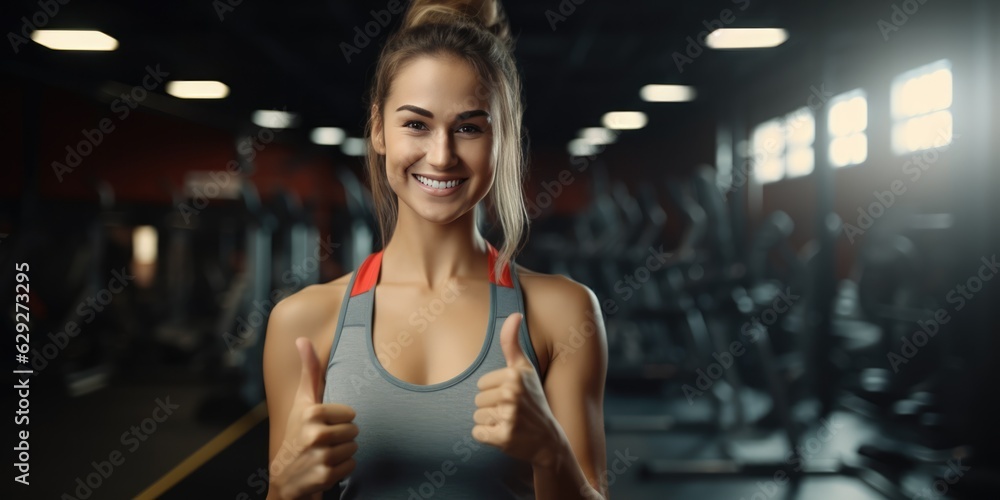 Fototapeta premium Happy woman ready for workout showing thumb up at gym. Fitness and healthy lifestyle recommendation, copy space, generative ai