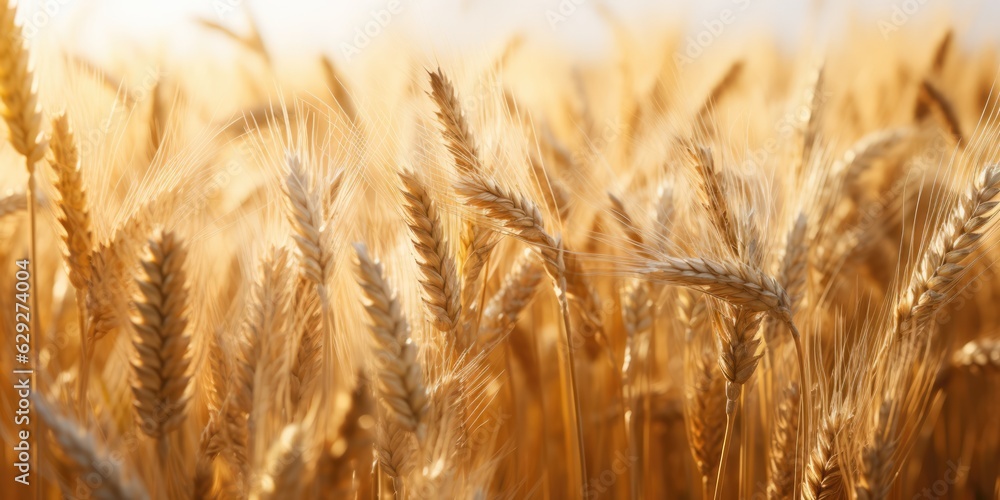 Fototapeta premium Close up of wheat ears, field of wheat in a summer day. Background of ripening ears of wheat field. Rich harvest Concept, generative ai