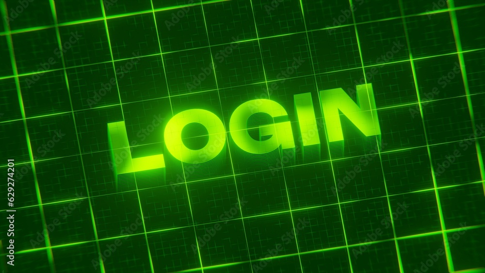 3D-rendered pattern of a word on bright neon green lines arranged in a grid pattern. 3D-rendered pattern of a word on bright neon green lines arranged in a grid pattern.