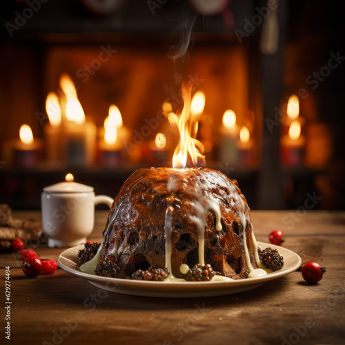 Christmas Pudding with Flame photo