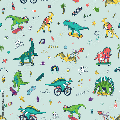 Dinosaur, skate, doodles summer vector seamless pattern.