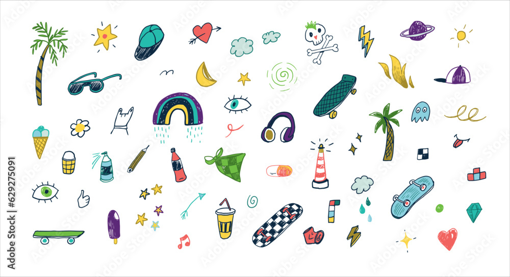 Skate, rainbow, music doodles summer vector line illustrations set.