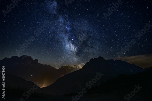 Stunning nightscape of the Milky Way Galaxy with majestic mountain peaks in the background