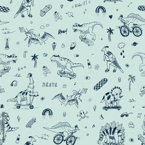 Dinosaur, skate, doodles summer vector line seamless pattern.