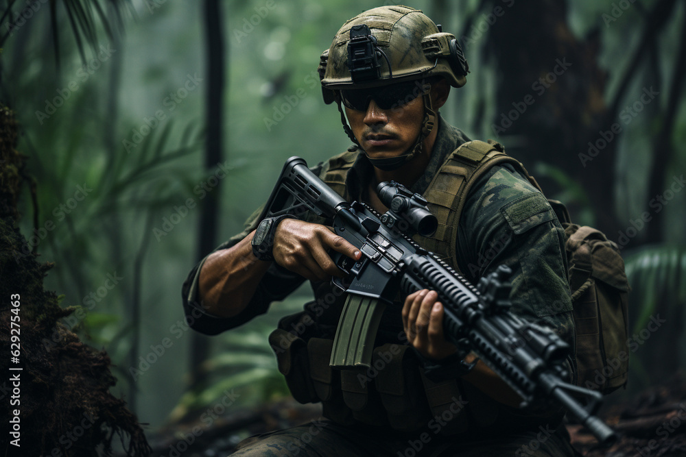 US Army Marine in full uniform and tactical gear in the jungle. AI generated.