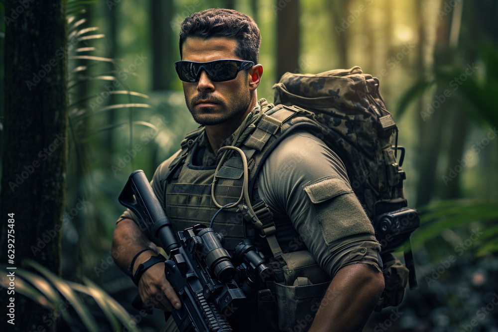 US Army Marine in full uniform and tactical gear in the jungle. AI generated.