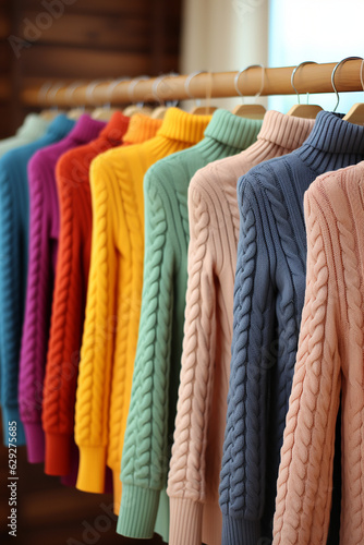Collection of multi-colored women's knitted pullover sweaters.