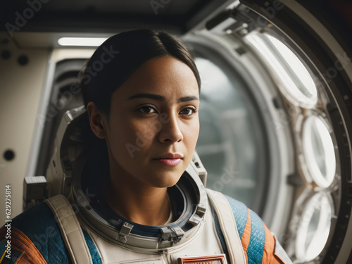 Fototapeta Naklejka Na Ścianę i Meble -  Digital photo of brutal  athletic, self-confident african american female astronaut inside the Martian space station