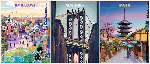 Set of Travel Destination Posters in retro style. Barcelona, Spain, New York, USA, Kyoto, Japan prints. Exotic summer vacation, international holidays. Vintage vector colorful illustrations.