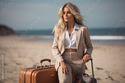 Glamorous Young business woman, wearing costume, with suitcase on the beach.