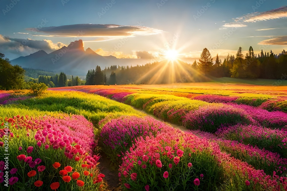 colorful flower meadow with sunbeams and bokeh light in summer