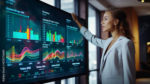 Confident businesswoman with vibrant copyspace pointing at an interactive screen filled with colorful charts