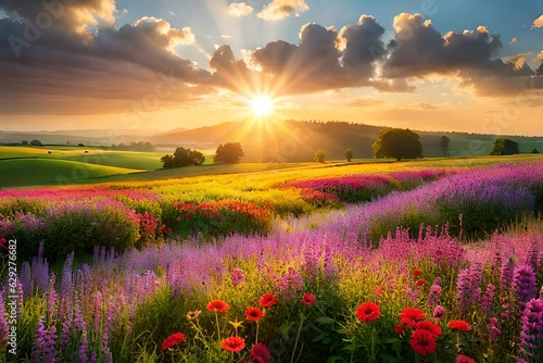 colorful flower meadow with sunbeams and bokeh light in summer © usman